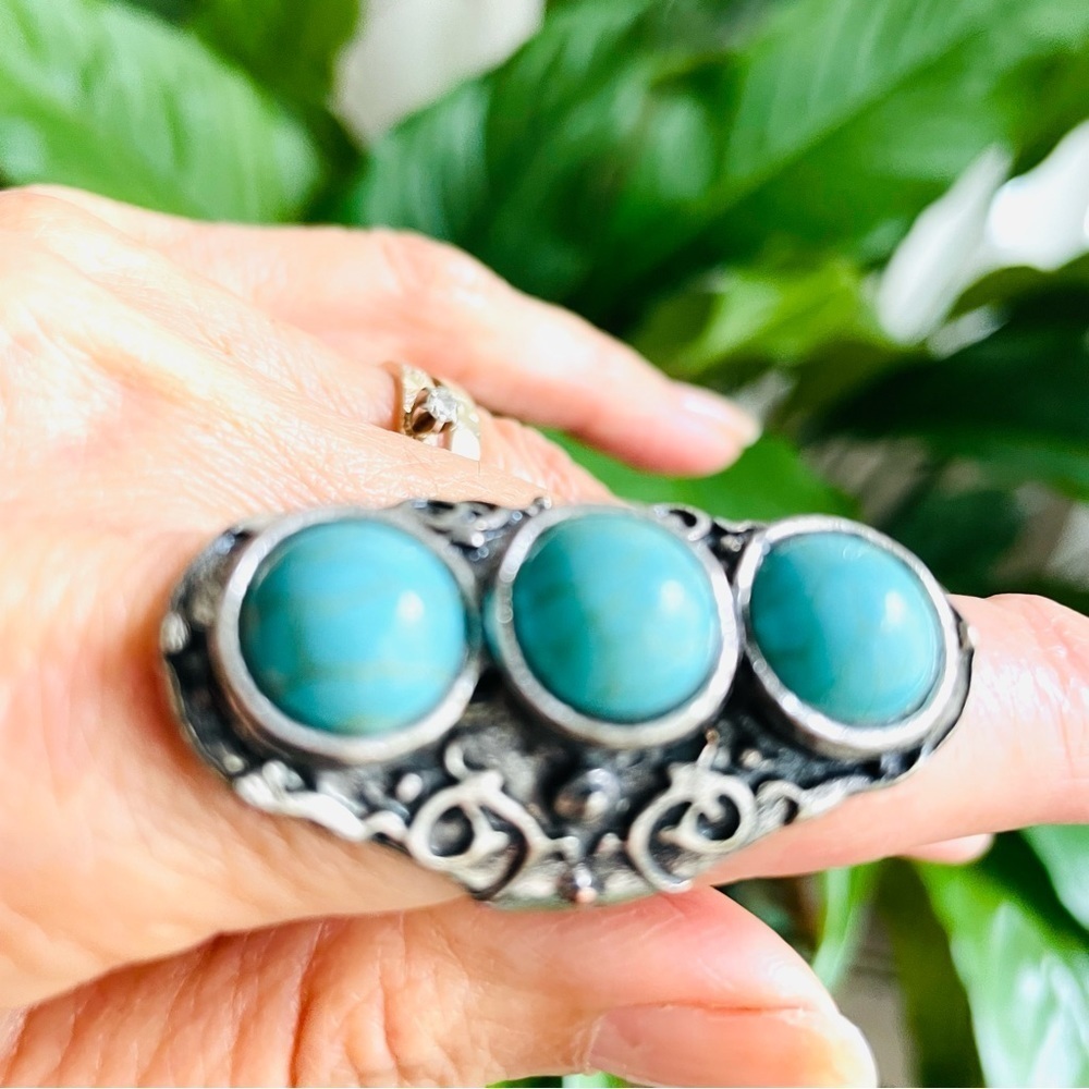 Turquoise silver tone statement ring